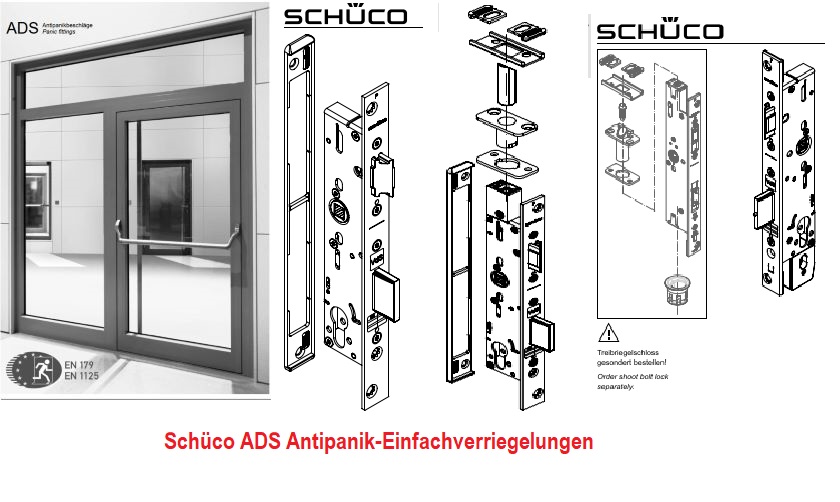 Schüco ADS Antipanik-Einfachverriegelungen, Antipanik Riegel-Fallenschloss, Antipanik Riegel-Fallenschloss mit oberer Verriegelung, Antipanik Riegel-Fallenschloss selbstverriegelnd, Antipanik Motorschloss selbstverriegelnd, Antipanik Riegel-Fallenschloss,